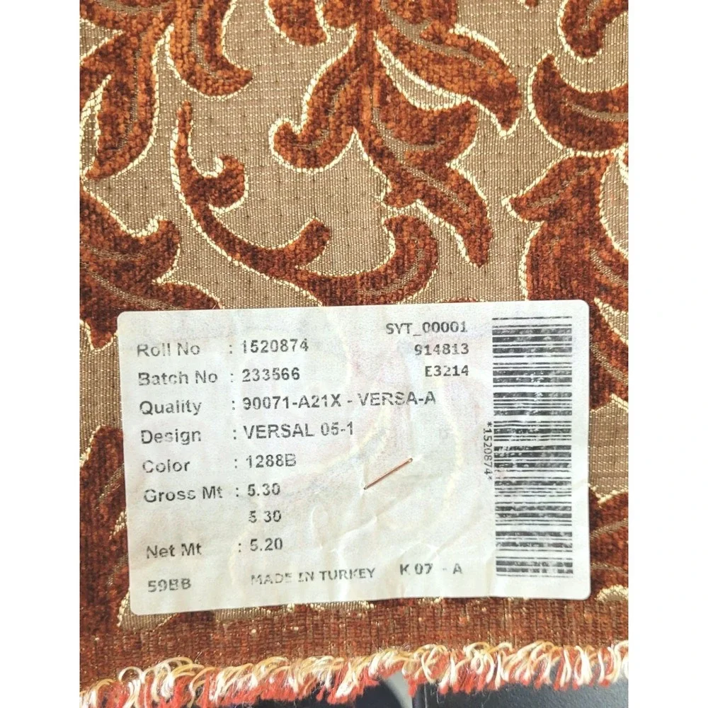 LOT: 5+ Yard of Turkish Velvet Brocade Upholstery Fabric - Scroll - Burnt Sienna
